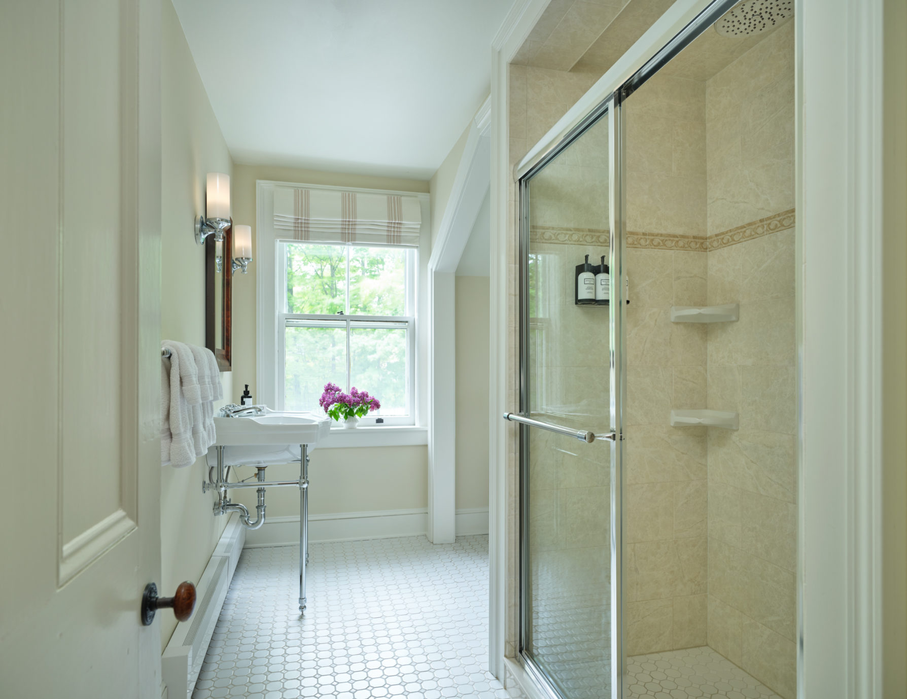 Bathroom with large walk-in shower in Metcalf Suite