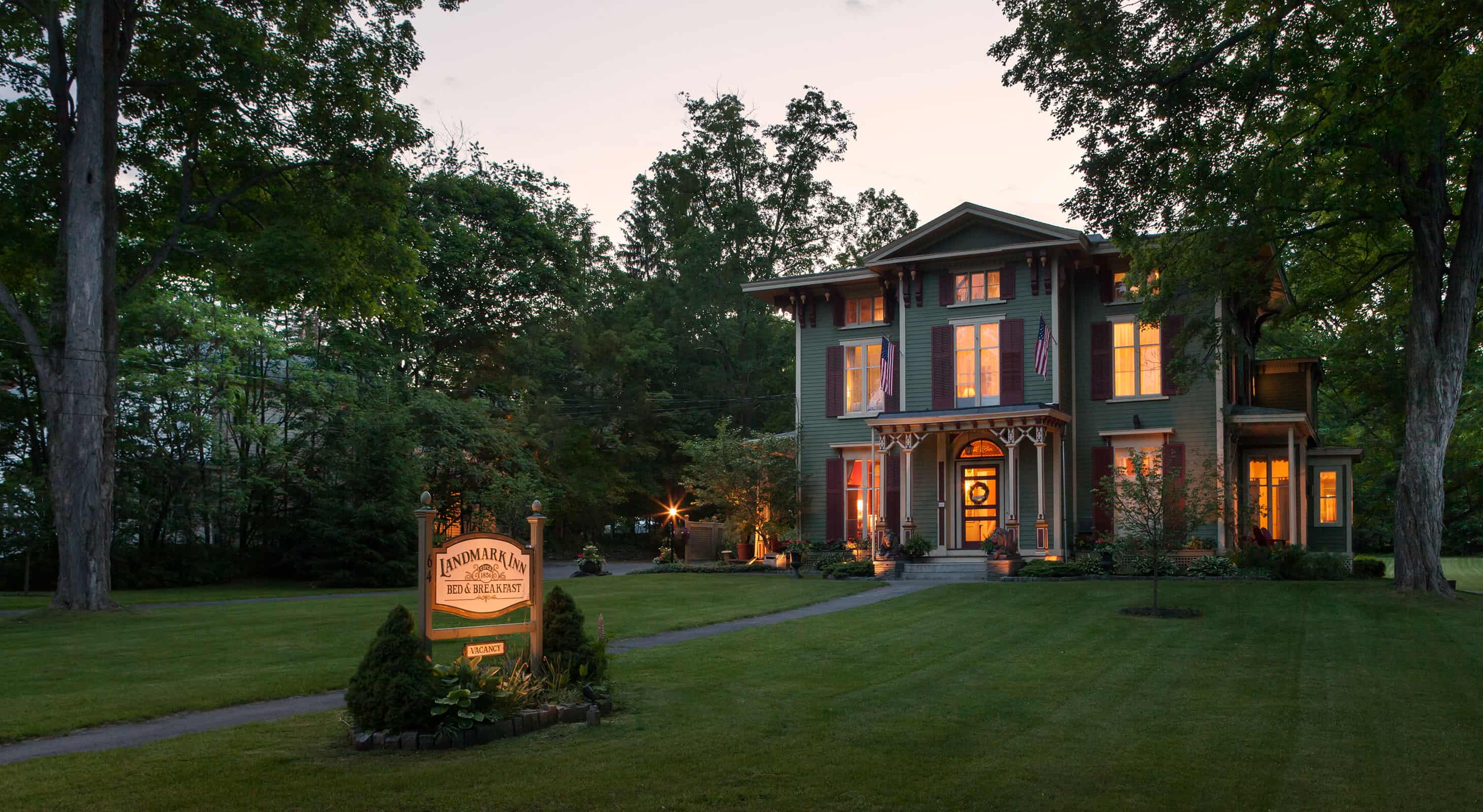 Exterior of the Landmark Inn at night