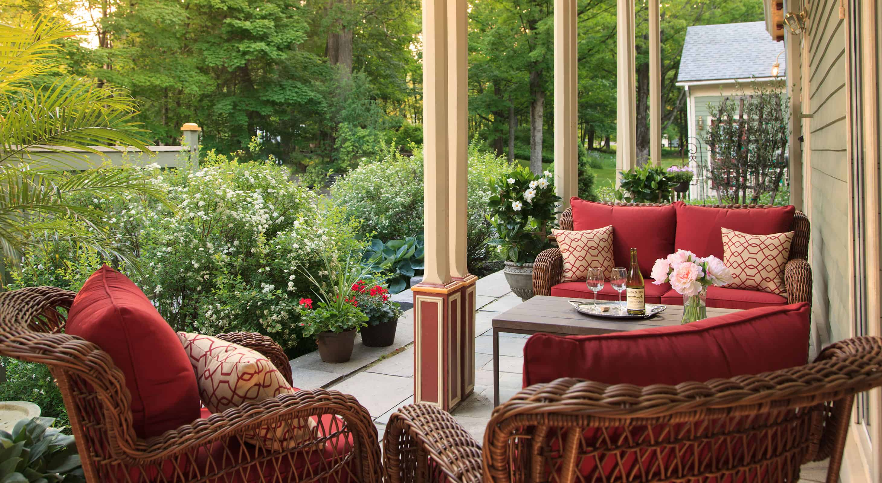 Sitting area with wine on the Landmark Inn terrace