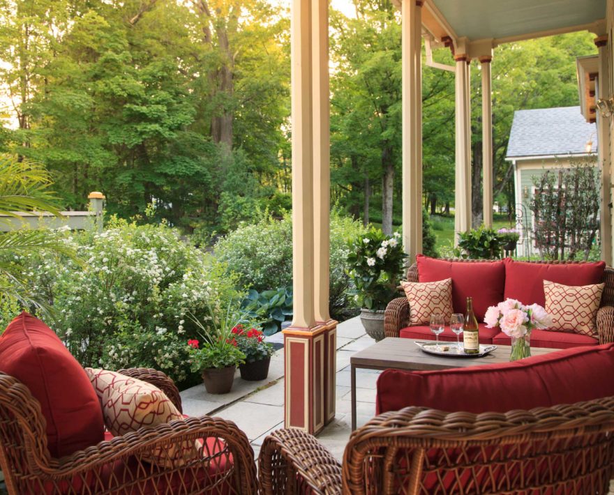 Sitting area with wine on the Landmark Inn terrace in Upstate NY