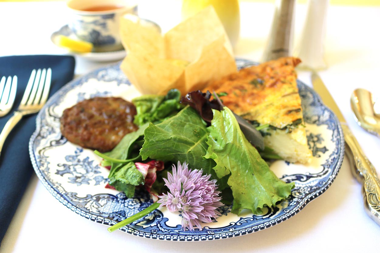 Breakfast Quiche with sausage and cucumbers at a Cooperstown B&B